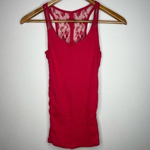 American Eagle Small Red Ribbed Knit Tank Top Sleeveless Lace Buttons on Back